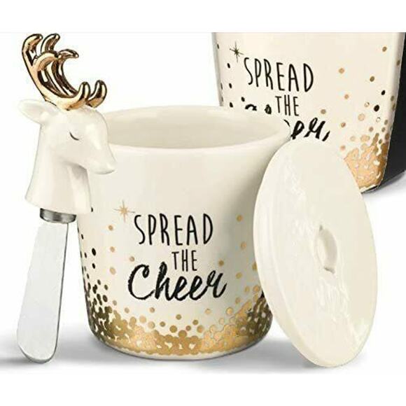 Grasslands Road “Spread the cheer” covered jar with spreader Gold Accent - Picture 1 of 4